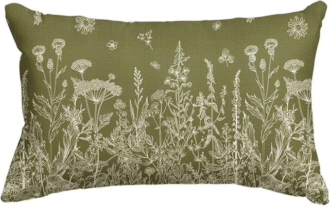 AVOIN colorlife Wildflowers Spring Moss Green Throw Pillow Cover, 12 x 20 Inch Floral Cushion Case Decoration for Home Sofa Couch