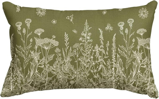AVOIN colorlife Wildflowers Spring Moss Green Throw Pillow Cover, 12 x 20 Inch Floral Cushion Case Decoration for Home Sofa Couch