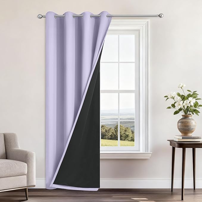 Yakamok 100% Blackout Curtains 96 Inches Long, 2 Thick Layers Heat and Full Light Blocking Soft Thermal Insulated Drapes for Bedroom(52" Wide Each Panel, Lilac, 1 Panel)