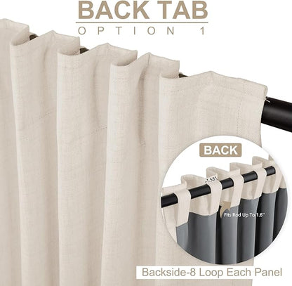 100% Blackout Shield Linen Blackout Curtains for Bedroom 90 Inches Long, Back Tab/Rod Pocket Living Room Drapes, Thermal Insulated Blackout Curtains 2 Panels Set, 50" W x 90" L, Beige White