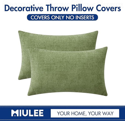 MIULEE Pack of 2 Couch Throw Pillow Covers 12x24 Inch Spring Soft Sage Green Chenille Lumbar Pillow Covers for Sofa Living Room Solid Dyed Cases