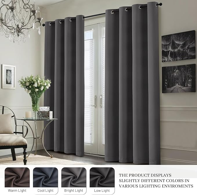 Yakamok 100% Blackout Curtain Panels 63 inches Cold and Light Blocking Drapes for Nursery, 2 Thick Layers Thermal Insulated Draperies (2 Pieces, 50 Wide Each Panel, Charcoal Grey/White Backing)