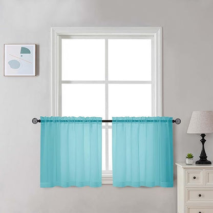 Chyhomenyc Sheer Aqua Tier Curtains 24 Inch Length Set, Small Window Kitchen Curtains for Bathroom Living Room Basement, Farmhouse Short Voile Curtain 42Wx24L, Rod Pocket, 2 PCS
