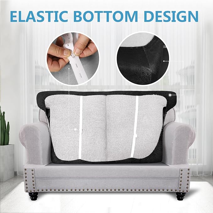 Leather Look Couch Cushion Covers Sofa Seat Slipcovers Sets Couches Furniture Protector for Sectional Armchair Loveseat Pets Kids Stretch Spandex Fabric (2 T-Cushion Loveseat, Black)