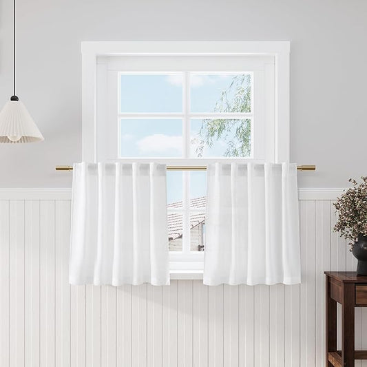 Nanspring White Linen Cafe Curtains 24 Inch Length 2 Panels Light Filtering Semi Sheer Mini Curtains for Small Window Basement Bathroom Back Tab Rod Pocket Short Sheer Kitchen Curtain 36x24 Inches