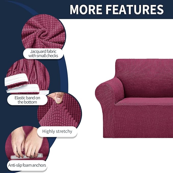 Cupuamon 2026 New Stretch Loveseat Sofa Slipcovers Couch Cover for 2 Cushion Furniture Protector Sofa Covers with Elastic Bottom Jacquard Fabric Small Checks for Pets, Kids - Wine