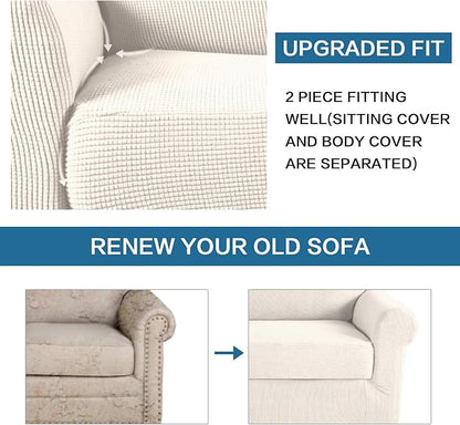 H.VERSAILTEX 2-Pieces Armchair Cover Chair Slipcovers with Arms Furniture Protector Cover Fit Width Up to 47 Inch, Jacquard Spandex Polyester Couch Covers Armchair Slipcover - Ivory, Chair