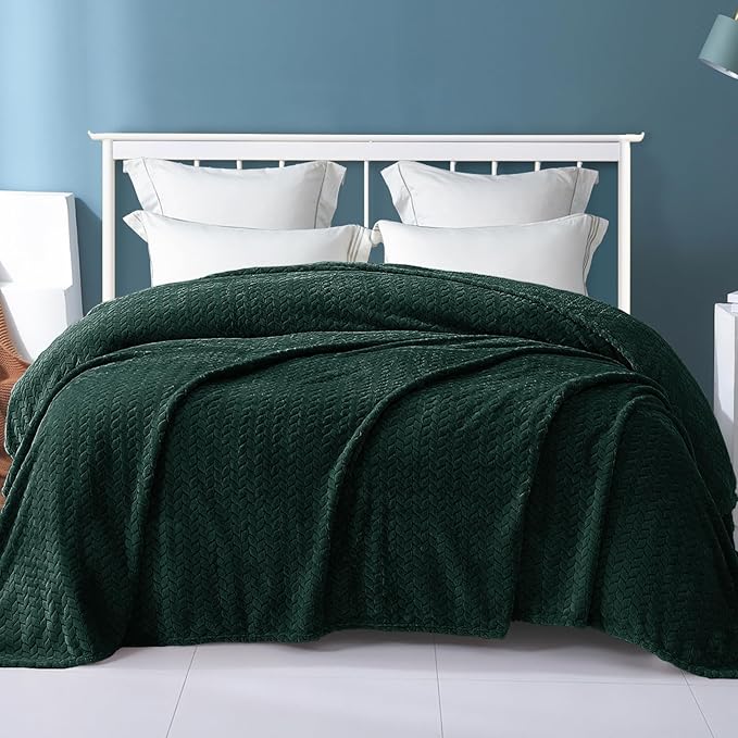 Exclusivo Mezcla Fleece Queen Size Blanket for Bed, 90x90 Inches Soft Cozy Jacquard Flannel Blankets, Lightweight Fuzzy Plush Warm for Women, Forest Green
