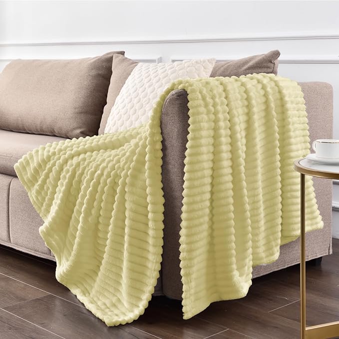 BEDELITE Fleece Blanket Twin Size – 3D Ribbed Jacquard Soft and Warm Decorative Fuzzy Blankets – Cozy, Fluffy, Plush Lightweight Throw Blankets for Couch, Bed, Sofa(Transparent Yellow, 60x80 inches)