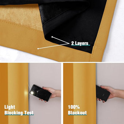 ChrisDowa 100% Blackout Curtains for Bedroom with Black Liner, 2 Thick Layers Total Blackout Thermal Insulated Grommet Window Curtains 2 Panels Set (Mustard Yellow, 42 x 63 Inch)