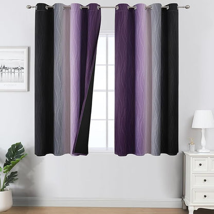 Estelar Textiler Black and Purple Ombre Blackout Curtains 54 Inch Length 2 Panels, Full Room Darkening Gradient Drapes for Kitchen, Thermal Insulated Grommet Short Curtains for Bedroom,52Wx54L