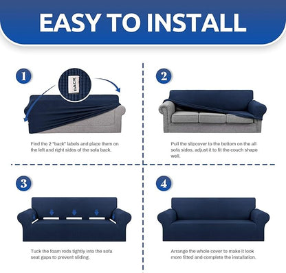 KEKUOU Stretch Oversized Sofa Slipcover 1 Piece Couch Sofa Cover (94"-110") Furniture Protector 4 Seater Sofa with Elastic Bottom for Kids,Pet.Jacquard Checked Pattern Fabric(X Large,Navy Blue)