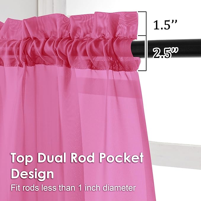 OVZME Sheer Curtains 63 inch Length 2 Panels Set for Bedroom Living Room, Elegant Light Filtering Sheer Curtains, Soft Airy Dual Rod Pocket Window Drapes, Each 42W x 63L Inches, Hot Pink