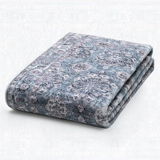 SERISSA 3x5 Boho Floral Area Rugs for Bedroom, Washable Kitchen Rugs Non-Slip, Ultra Soft Print Distressed Vintage Blue Grey Entry Rug Low-Pile Throw Rug Carpet for Bedroom Living Room Dorm Decor