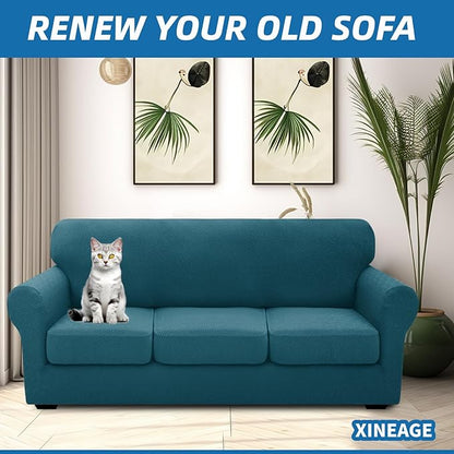XINEAGE New 4 Pieces Couch Covers for 3 Cushion Couch Super Stretch Thick Soft Sofa Cover Anti Slip Sofa Slipcover Dogs Cats Furniture Protector (Peacock Blue, 71"-91")