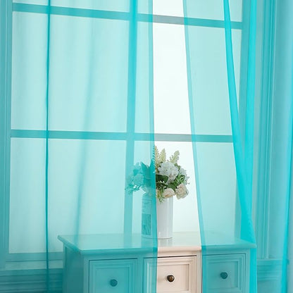 OVZME Turquoise Sheer Curtains 90 Inches Long 2 Panels - Soft Light Filtering Window Sheer Panels for Living Room/Bedroom, Top Dual Rod Pocket, 1 Pair, Each 42Wx90L Inches