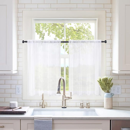 MIULEE 2 Panels Kitchen Tiers Half Window Sheer Curtains Rod Pocket Voile Drapes for Kitchen Bathroom Small Windows 29 by 45 Inch White