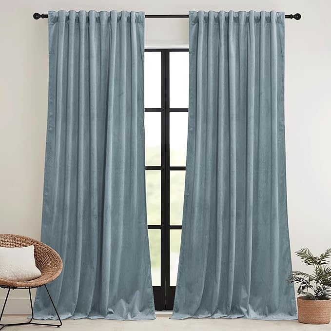 RYB HOME Stone Blue Velvet Curtains 72 inches with Hook Belt, Soft Fabric Room Darkening Thermal Insulated Luxurious Home Decor Curtains for Living Room Bedroom, W 52" x L 72", 2 Panels Set
