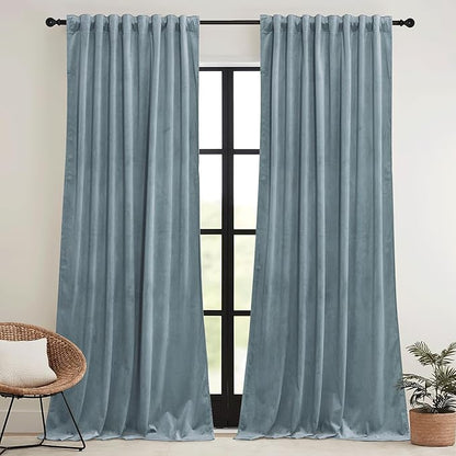 RYB HOME Stone Blue Velvet Curtains 72 inches with Hook Belt, Soft Fabric Room Darkening Thermal Insulated Luxurious Home Decor Curtains for Living Room Bedroom, W 52" x L 72", 2 Panels Set