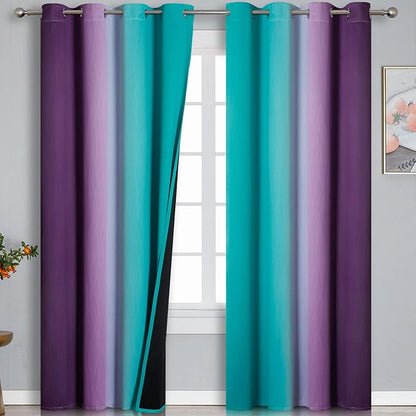 Estelar Textiler Ombre Purple Blackout Curtains 96 Inches Long, Teal Curtains for Living Room, Grommet Thermal Insulated Gradient Drapes, Full Light Blocking Curtains for Bedroom,52x96 Inch, 2 Panels