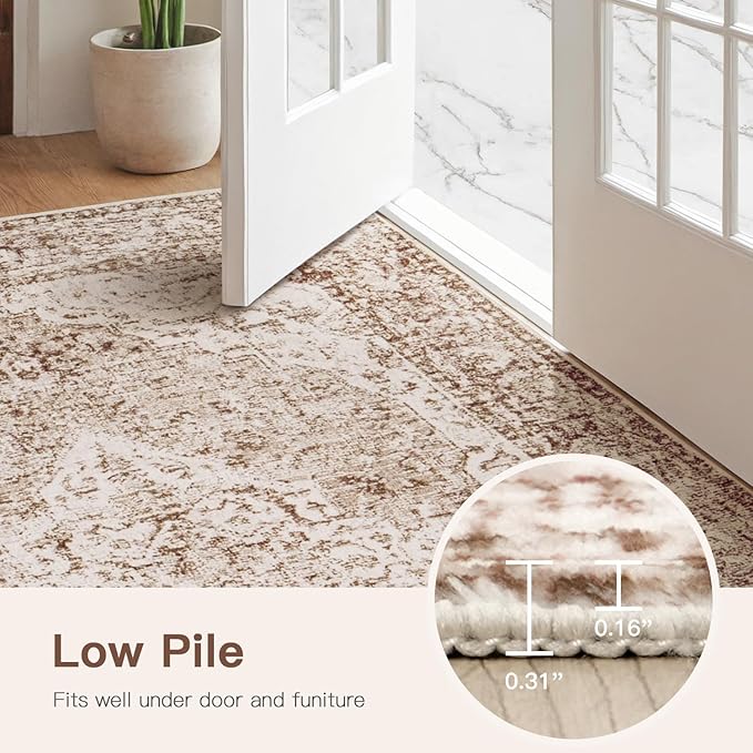 Lofus 2x6 Runner Rug for Hallways, Washable Kitchen Rugs, Non-Slip Rugs for Entryway and Bedroom, Vintage Boho Carpet, Soft Low Pile Long Runner Area Rug, Vintage Beige Brown