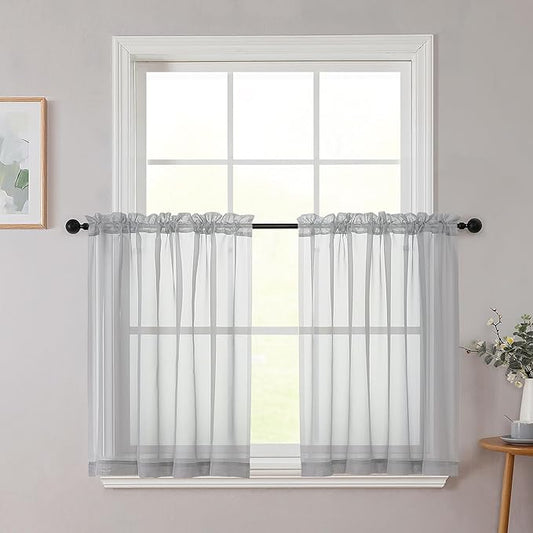 Light Grey Kitchen Curtains 30 Inch Length Tier 2 PCS, Solid Soft Half Curtains for Windows, Light Grey Sheer Rod Pocket Drapes for Bathroom Basement Small Window Curtain, 42" Wx30 L Inches