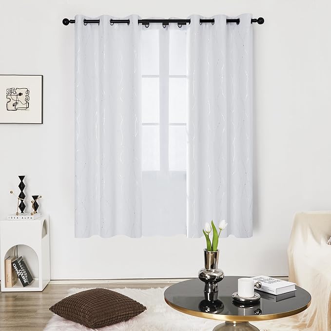 Deconovo Room Darkening Curtains, White Curtain, Thermal Insulated Soundproof Drapes, Silver Wave Dot Print, 42 x 63 Inch Long, Grommet Machine Washable Window Panels for Bedroom Living Room, Set of 2