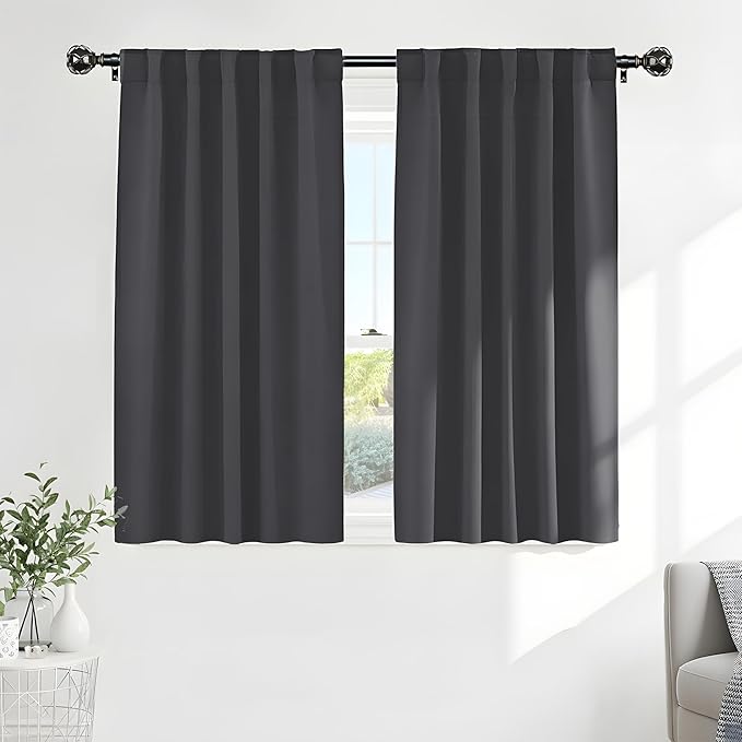 PONY DANCE Blackout Window Curtains - Short Gray Thermal Insulated Drapes Back Tab/Rod Pocket Room Darkening Panels Energy Saving for Bedroom/Bathroom, 42 W x 54 L, Grey, 1 Pair