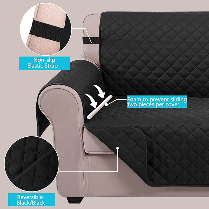 U-NICE HOME Oversized Sofa Cover Reversible Couch Cover for Dogs with Elastic Straps Water Resistant Furniture Protector for Pets Couch Cover for 4 Cushion Couch (Oversized Sofa, Black/Black)