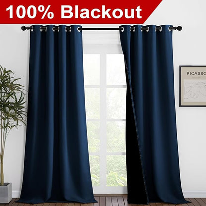 NICETOWN 100% Blackout Blinds, Set of 2, 46 inches x 102 inches, Laundry Room Decor Window Treatment Curtains for Large Patio Sliding Door, Thermal Insulated Moroccan Blue Curtains for Bedroom