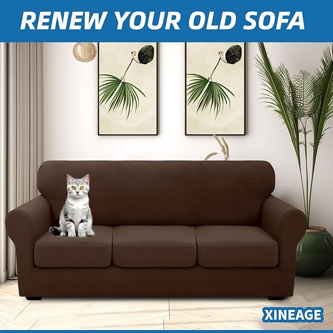 XINEAGE 2026 New 4 Pieces Extra Large Couch Covers for 3 Cushion Sofa Super Stretch Sofa Cover for 3 Large Seat Cushion Universal Fitted Slip Cover for Living Room (Coffee), 91"-110"(3 Cushions)