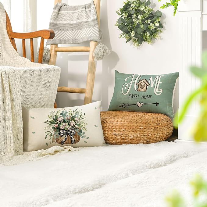 AVOIN colorlife Bless Our Home Farmhouse Eucalyptus Leaves Throw Pillow Covers, 12 x 20 Inch Blue Truck Home Sweet Cushion Case Decorations Set of 4