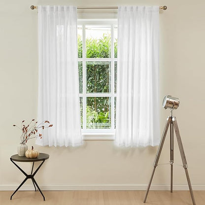 MYSKY HOME French Door Curtains for Closet Doorways, Window White Cotton Sheer Drapes Light Filtering Cute Curtain Panels Elegant Look for Classroom/Guestroom, 50" x 72", White, 2 PCs