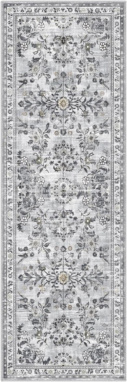 Yamaziot Washable Runner Rug 2x6 – Non Slip Boho Floral Hallway Runner Rug with Rubber Backing, Low Pile Faux Wool Distressed Carpet for Kitchen, Laundry, Bedroom, Entrance, Gray