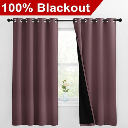 NICETOWN Bedroom Full Blackout Room Warming Curtain Panels, Super Thick Insulated Window Covers, Complete Blackout Draperies with Black Liner for Short Window (Dry Rose, Set of 2, 55 by 68-inch)