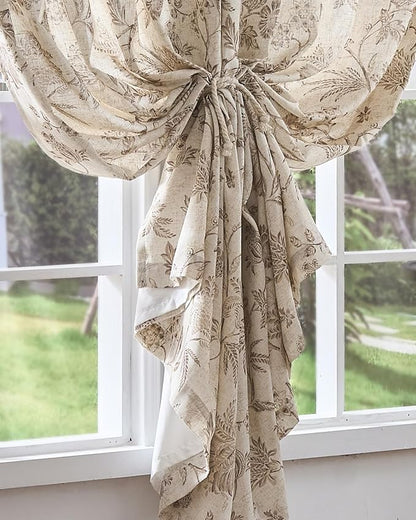 jinchan Lined Linen Floral Curtains for Living Room, 84 Inch Length Printed Flower Farmhouse Patterned French Country Back Tab Taupe Window Drapes Set Privacy Bedroom Curtains, 2 Panels