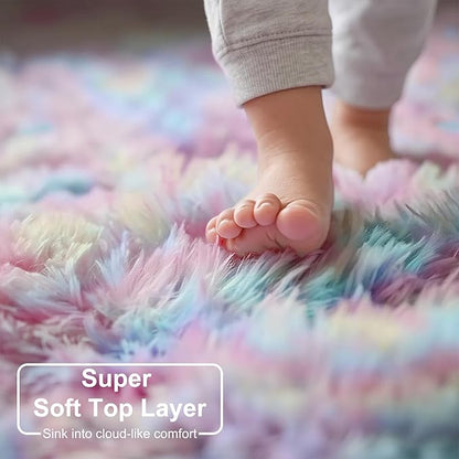 Amdrebio Rainbow Fluffy Round Rug 7Ft Kids Rugs for Girls Bedroom, Unicorn Room Decor, Colorful Pastel Big Large Carpet for Baby Nursery Playroom, Cute Shaggy Kawaii Circle Area Rug for Teen Princess