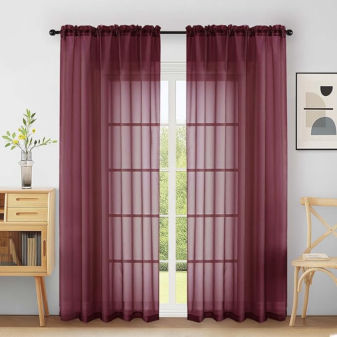 Extra Wide Sheer Curtains 84 Inches Long 2 Panels, Soft Airy Transparent Light Filtering Christmas Curtains for Sliding Glass Door, Top Dual Rod Pocket Design, Burgundy, 2x59Wx84L Inches
