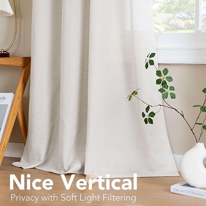 Elegant Natural Linen Blended Energy Efficient Light Filtering Linen Textured Curtains/Nickel Grommet Window Treatments Panels/Drapes (Set of 2, Natural, 52"W x 45"L )