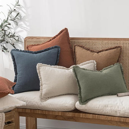 MIULEE Decorative Throw Pillow Covers Neutral Linen Fringe Throw Pillows Euro Shams Set of 2 Brown Boho Farmhouse Cushion Covers for Couch Sofa Bed Living Room Spring Home Decor 28x28 Inch