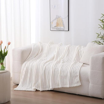 White Fleece Throw Blanket 50”×70” for Couch Sofa Bed,Super Soft Cozy Plush Microfiber Flannel Blanket with Stripes Design Lightweight for Adults,Woman,Girls