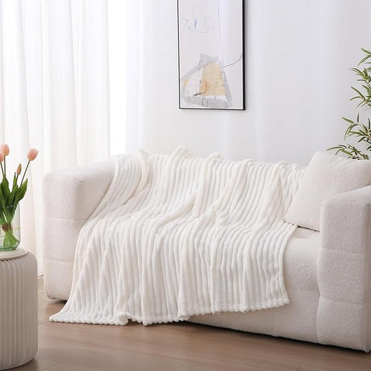 White Fleece Throw Blanket 50”×70” for Couch Sofa Bed,Super Soft Cozy Plush Microfiber Flannel Blanket with Stripes Design Lightweight for Adults,Woman,Girls