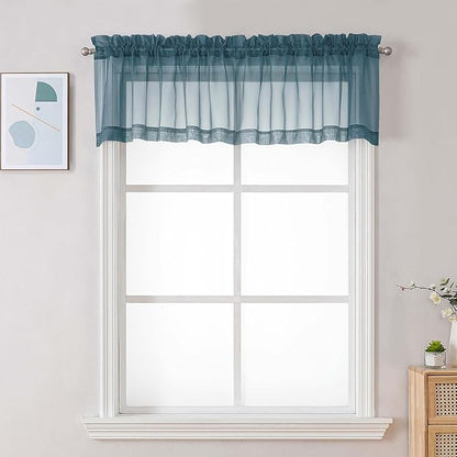 Chyhomenyc Stone Blue Sheer Valances for Windows - Light Filtering Small Kitchen Curtains, Rod Pocket Short Top Window Treatment Decor for Living Room Bathroom Basement, 42Wx16L inches, 2 Panels