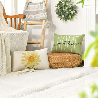 AVOIN colorlife Home Sweet Home Spring Summer Flowers Green Throw Pillow Covers, 12 x 20 Inch Cushion Case for Sofa Couch Set of 4