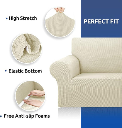 KEKUOU Stretch Oversized Sofa Slipcover 1 Piece Couch Sofa Cover (94"-110") Furniture Protector 4 Seater Sofa with Elastic Bottom for Kids,Pet.Jacquard Checked Pattern Fabric(X Large,Beige)