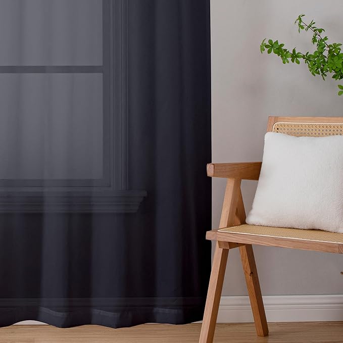 Lecloud Black Sheer Curtains 90 Inches Long 2 Panels Set, Privacy Voile Light Filtering Drapes, Airy Solid Window Curtains with Rod Pocket for Living Room Bedroom Basement, Each Panel 42" W x 90" L