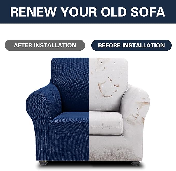 Cupuamon 2026 New Stretch Chair Sofa Slipcovers Couch Cover for 1 Seater Furniture Protector Sofa Covers with Elastic Bottom Jacquard Fabric Small Checks for Pets, Kids - Classic Blue