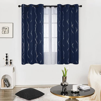 Deconovo Short Kitchen Curtains, Navy Blue Blakcout Curtain 42 x 54 Inch, Thermal Insulated Soundproof Drapes with Silver Wave Dots Prit, Grommet Top, Machine Washable for Nursery Bedroom Living Room