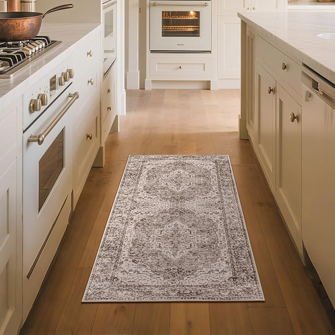 Lofus 2x5 Runner Rug for Hallways, Washable Kitchen Rugs, Non-Slip Rugs for Entryway and Bedroom, Vintage Boho Carpet, Soft Low Pile Long Runner Area Rug, Vintage Beige Brown