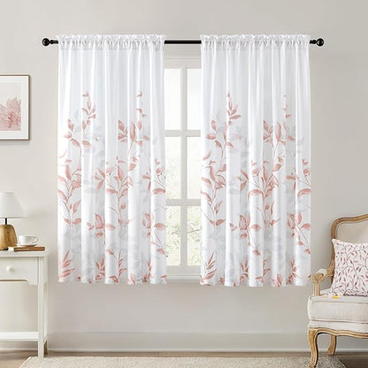 HOMEIDEAS Non-See-Through Pink and White Privacy Sheer Curtains 52 X 63 Inch Length 2 Panels, Leaf Floral Printed Light Filtering Semi Sheer Window Curtains Drapes for Bedroom Living Room